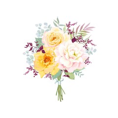 Bouquet of flowers roses pink and yellow colors, leaves, branches. Vector floral card with text love you on white background.