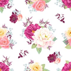 Modèle sans couture avec des roses colorées, des feuilles et des branches. Illustration florale vectorielle dans un style vintage sur fond blanc.