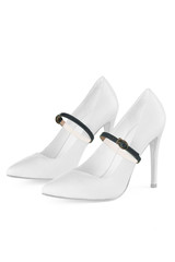 Object photo of a white leather high heels with dark green shoe straps on a middle of shoes. The...