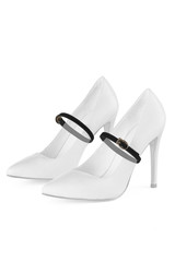 Object photo of a white leather high heels with black shoe straps on a middle of shoes. The photo...