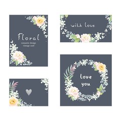 Flowers set of floral romantic cards with roses, inflorescences hydrangea, leaves and branches. Wreath with flowers and foliage. Vector gentle illustration in pastel colors on dark blue background.