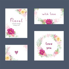 Set of floral romantic cards with roses, inflorescences hydrangea, leaves and branches. Wreath with flowers and foliage. Vector colorful illustration in vintage style on white background.