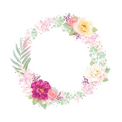 Frame, wreath with blossom flowers roses, inflorescences hydrangea, leaves and branches. Greeting floral card for your text, invite template on white background.