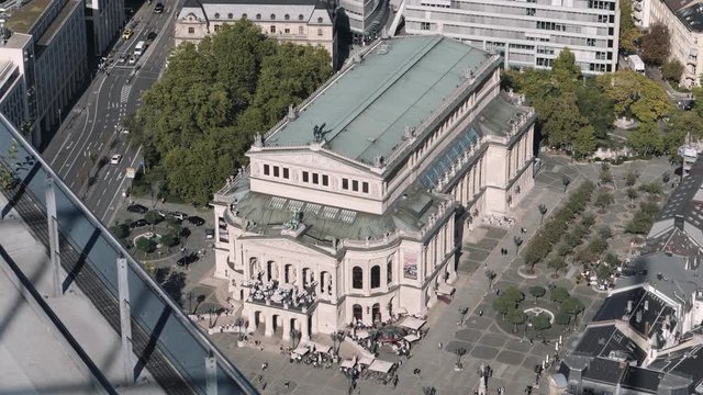 Static Shot, aerial View of Old Opera at daylight, Frankfurt, Hessen, Germany