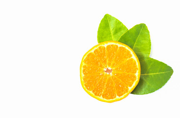 Orange fruit slices and leaf isolated on white background.