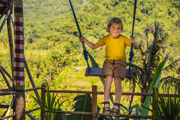 Young boy swinging in the jungle rainforest of Bali island, Indonesia. Swing in the tropics. Swings - trend of Bali. Traveling with kids concept. What to do with children. Child friendly place