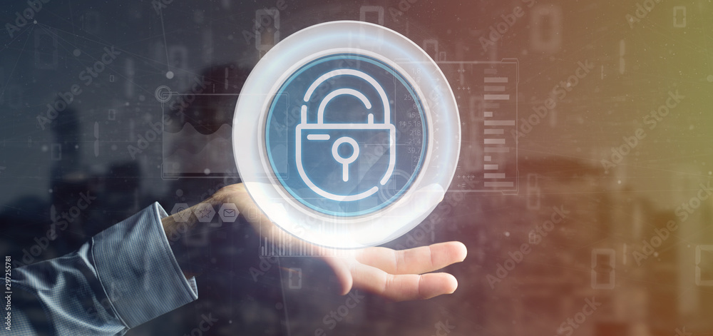 Poster businessman holding security padlock wheel icon with stats and binary code 3d rendering