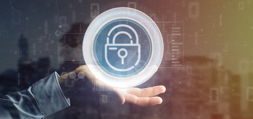 Businessman holding Security padlock wheel icon with stats and binary code 3d rendering