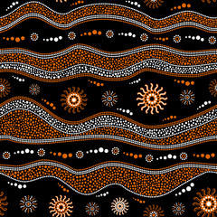 Australian aboriginal art seamless vector pattern with dotted circles, rings, suns and crooked stripes