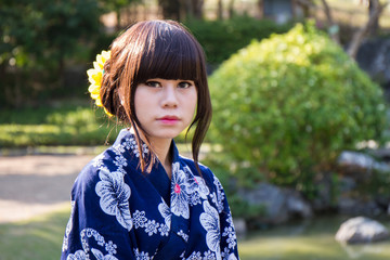 girl in japanese traditional casual summer costume kimono yukata