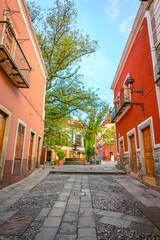 Beautiful streets and colorful facades of Guanajuato, Mexico. Colonial facades in the historic downtown of a Mexican city.