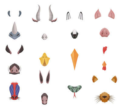 Animal face elements set. Animal ears and nose. Video chart filter effect for selfie photo. Cartoon mask of rhino, goat, dog, pig, wild boar, duck, heron, cock, baboon, monkey, donkey, snake.