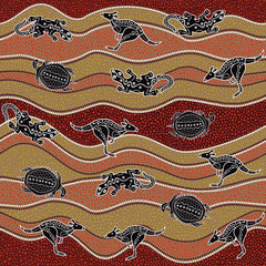 Australian aboriginal art seamless vector pattern with kangaroo, lizard, turtle and dotted crooked stripes