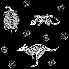 Australian aboriginal art seamless vector pattern with kangaroo, lizard, turtle and other typical elements