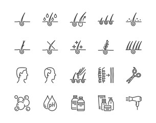 Hair loss treatment flat line icons set. Shampoo ph, dandruff, hair growth, keratin, conditioner bottle vector illustrations. Outline signs for beauty store. Pixel perfect 64x64. Editable Strokes