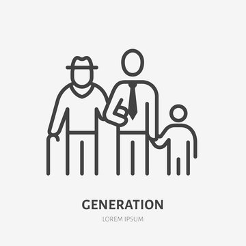 Family line icon, vector pictogram of three male generations - grandfather, father, son. Young boy with older relatives illustration, people sign