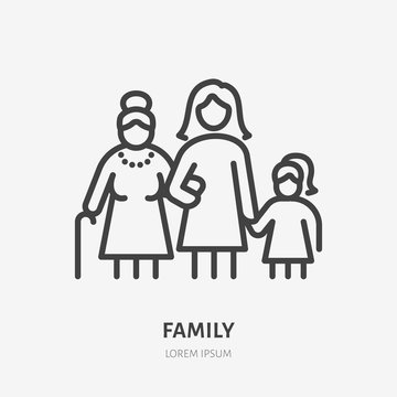 Family Line Icon, Vector Pictogram Of Three Female Generations - Grandmother, Mother, Daugther. Young Girl With Older Relatives Illustration, People Sign