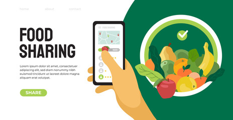 Food sharing project mobile app help restaurant and cafe sell unused food. Vector illustration of share meal and waste reduction. Hand holding smartphone. Template for banner, flyer, landing page, web