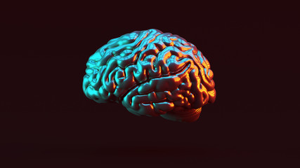 Silver Human brain Anatomical with Red Orange and Blue Green Moody 80s lighting Left View 3d illustration 3d render
