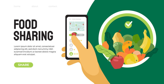 Food Sharing Project Mobile App Help Restaurant And Cafe Sell Unused Food. Vector Illustration Of Share Meal And Waste Reduction. Hand Holding Smartphone. Template For Banner, Flyer, Landing Page, Web