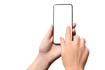 Hand girl holding a modern smartphone with a blank screen. Isolated on white background.