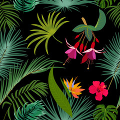 Tropical jungle palm leaves seamless pattern, vector background