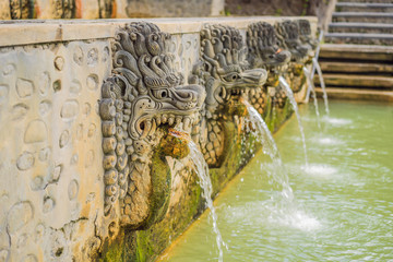 Thermal water is released from the mouth of statues at a hot springs in Banjar, Bali, Indonesia