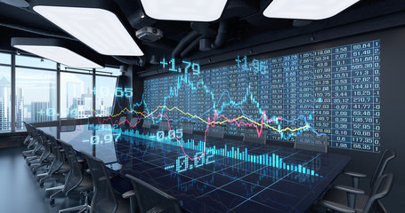 Stock Exchange trading Gambling concept. Charts Diagrams of Financial Statistics report Placed on Table in Office Interior. 