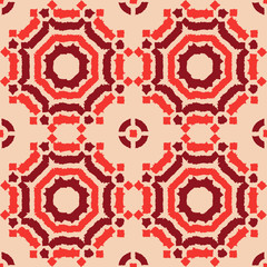 Abstract shibori seamless vector pattern with red ikat print of mosaic