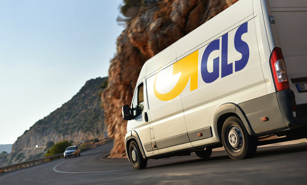 Kas / Turkey - 10.08.18: General Logistics Systems B.V., shortened to GLS delivery van speeding by countryside