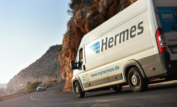 Kas / Turkey - 10.08.18: Truck of Hermes Europe GmbH is a German parcel delivery company