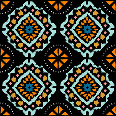 Geometric folk seamless vector pattern with ikat ethnic print of striped ornament