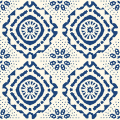 Abstract indigo shibori seamless vector pattern with ikat print of mosaic