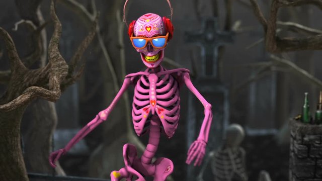 Seamless animation of a skeleton dijing with turntables in a cemetery at night. Funny halloween background.