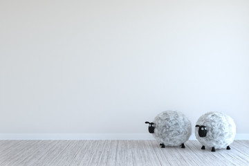 Scandinavian style mock up wall kids room interior with sheeps. Wall art. 3d rendering, 3d illustration.