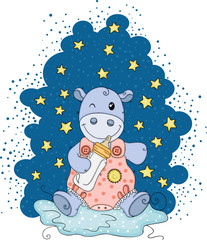 Night stars illustration with baby hippo holding a milk baby bottle