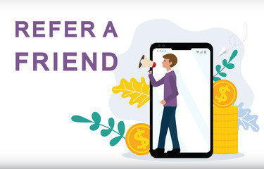 Refer a friend vector illustration concept, man shout on megaphone so can use for landing page, Digital business advertising, Social media marketing.