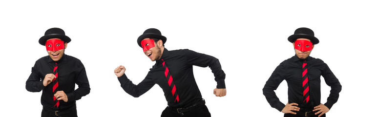 Young man with red mask isolated on white