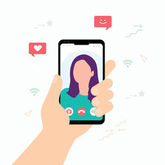 Male hand holding smartphone with girlfriend on screen.Video call concept. Video call with loved one.