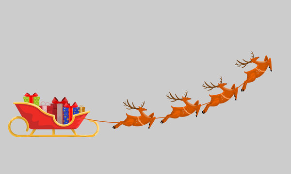Santas Sleigh with Presents and Reindeer line up for Christmas gift delivery. Isolated Flat, solid and cartoon style vector illustration.