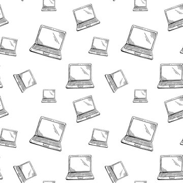 Technical pattern. Hand drawn, sketch style computers and laptops on white background. Seamless vector backdrop