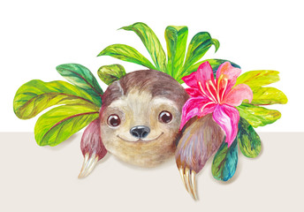 Watercolor sloth looking through the leaves. Handmade logo or decorative tropical composition with lazybones
