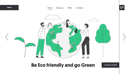 Naklejka premium Environment Care, Day of Earth Website Landing Page. People Stand near Big Earth Globe Caring and Watering Plants. Volunteers Saving Nature Web Page Banner. Cartoon Flat Vector Illustration, Line Art