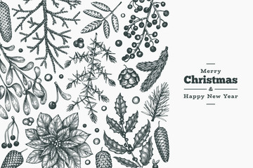 Christmas hand drawn vector greeting card template. Vintage style illustration
