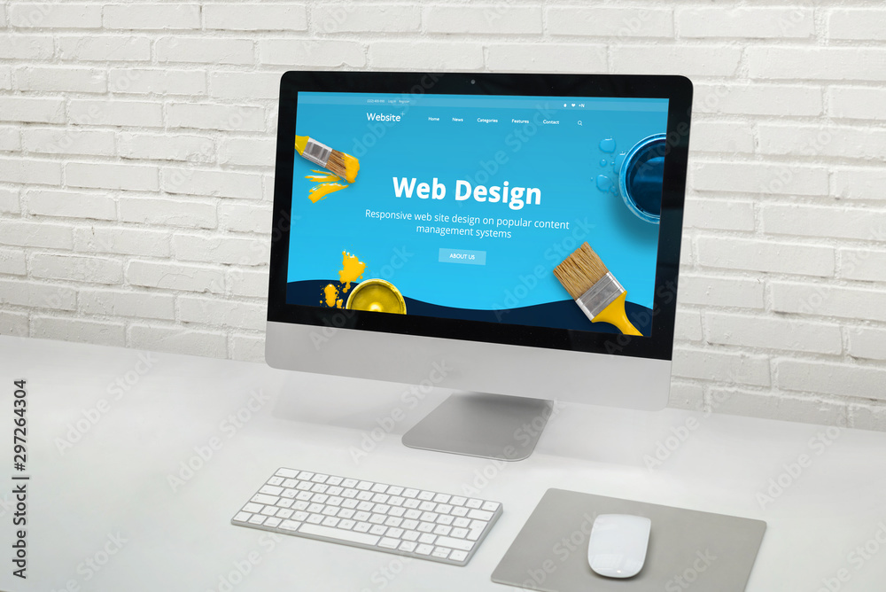 Poster Web design studio concept with modern computer display with web design web site theme concept.