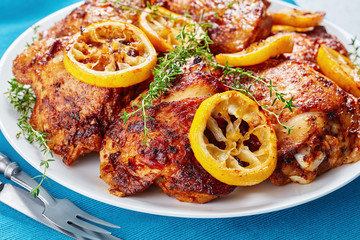 close-up of crispy fried juicy Chicken Thighs