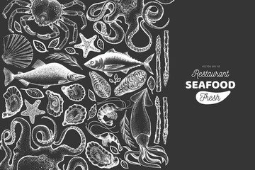 Seafood and fish design template. Hand drawn vector illustration on chalk board. Food banner. Can be used for design menu, packaging, recipes, label, fish market, seafood products.