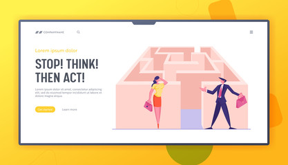 Road to Success in Maze Website Landing Page. Confused Businesswoman and Businessman Stand at Entrance of Labyrinth and Thinking. Business Challenge Web Page Banner. Cartoon Flat Vector Illustration