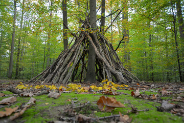 treehouse / tent - a tipi made by children in the autumn forest © Julia