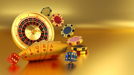 Online Casino Gold Roulette Wheel, Slot And Poker Chips Concept - 3D Illustration